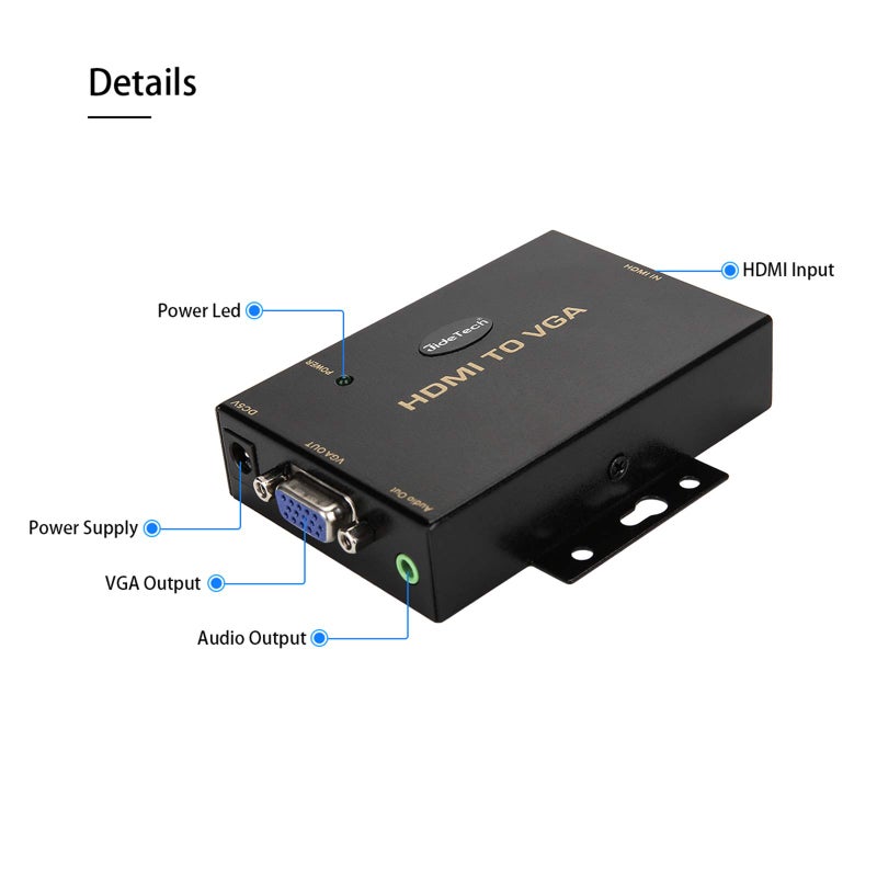 JideTech HDMI to VGA Converter with 3.5mm Audio Supports 1080P for PC Laptop Display Computer Mac Projector - Image 2